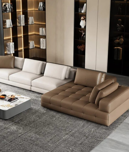 Conjunto de móveis modernos em nogueira, composto por um console de mídia horizontal baixo