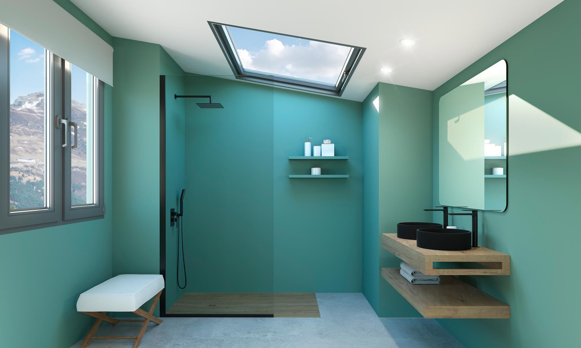 Plato de ducha gris oscuro con desagüe, junto a un panel de vidrio. Azulejos grises y blancos al fondo.