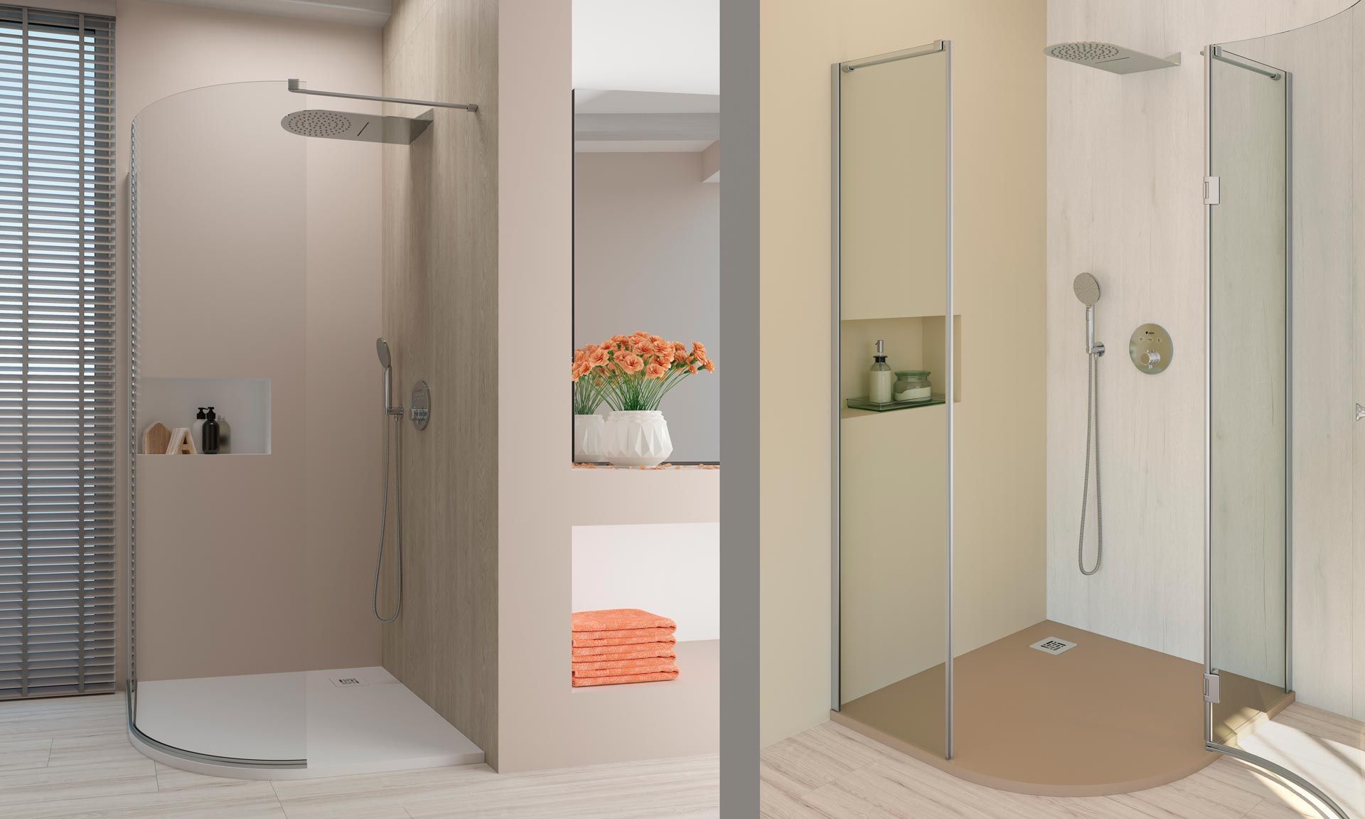 Plato de ducha gris oscuro con desagüe, junto a un panel de vidrio. Azulejos grises y blancos al fondo.