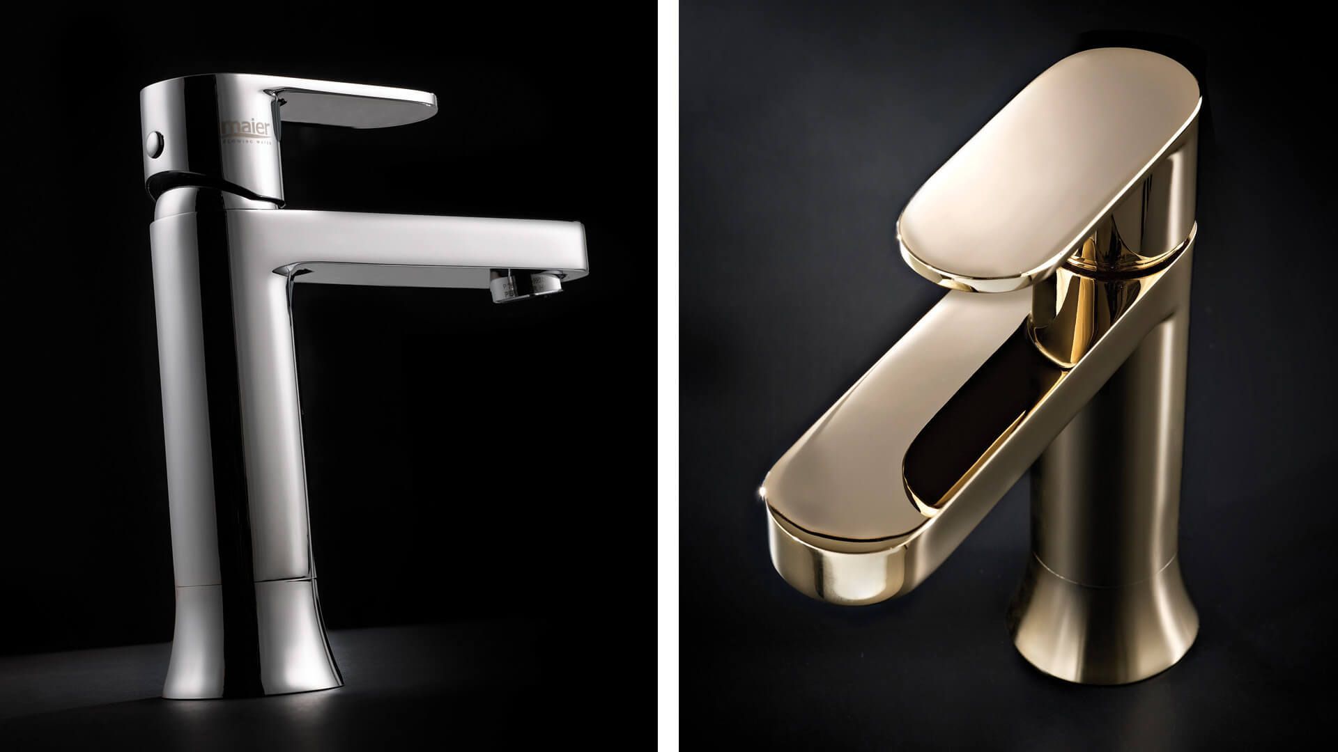 Grifería de baño cromada y dorada sobre fondo negro.