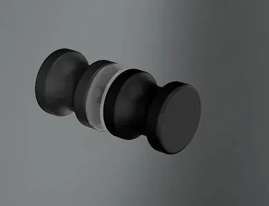 Objeto renderizado en 3D negro y transparente con una serie de formas cilíndricas y circulares conectadas sobre un fondo gris.