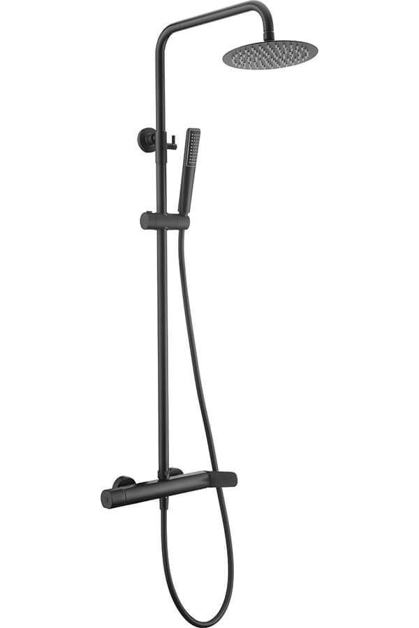 Sistema de ducha negro con cabezal de ducha redondo y ducha de mano.