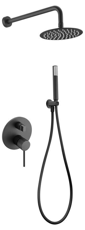 Cabezal de ducha y conjunto de control en color negro mate.