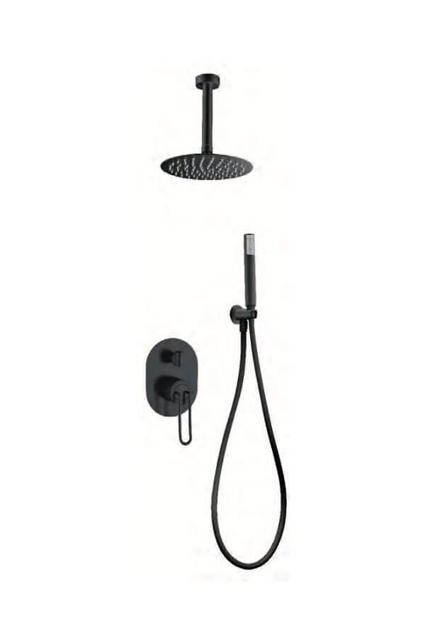 Juego de ducha de color negro con cabezal de ducha de lluvia redondo, controles montados en la pared y ducha de mano.