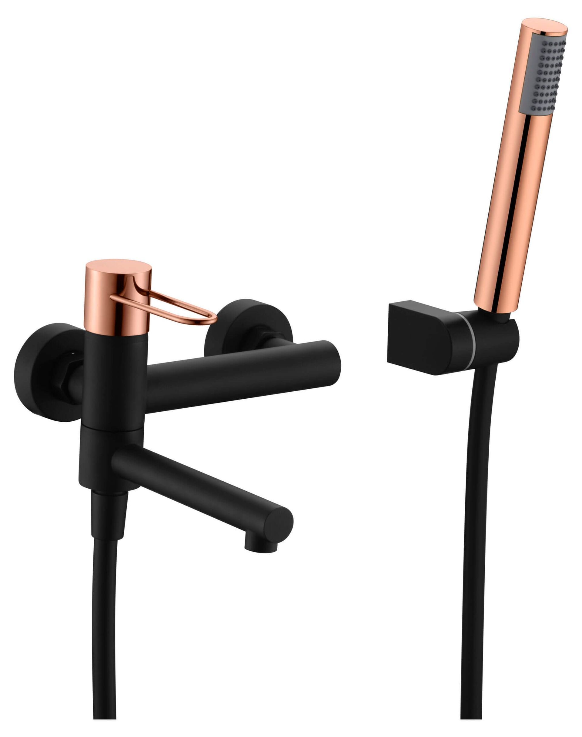 Grifo negro y oro rosa con cabezal de ducha.