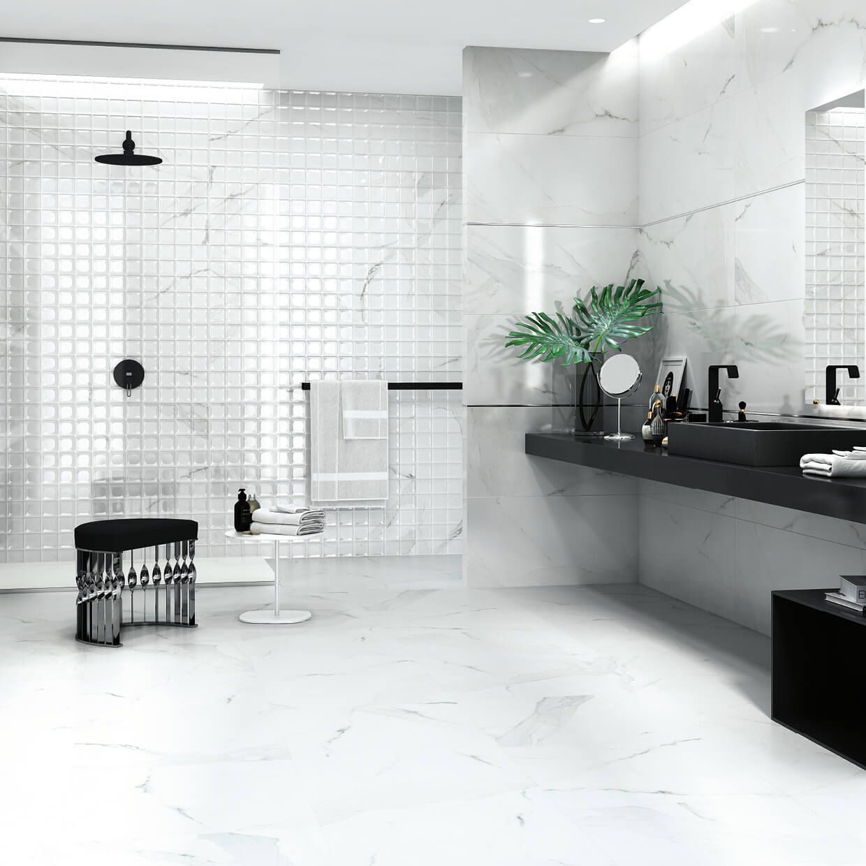 Baño blanco moderno con azulejos de mármol y detalles en negro; ducha, tocador y taburete.