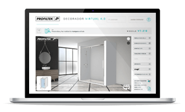 Pantalla de computadora portátil que muestra una herramienta de diseño de baño con un modelo de cabina de ducha en 3D; un entorno de baño moderno.