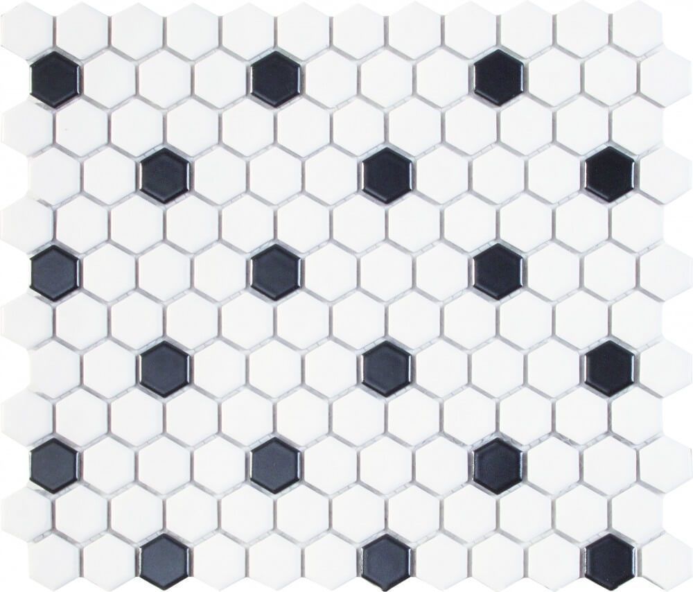 Patrón de mosaico hexagonal blanco y negro.