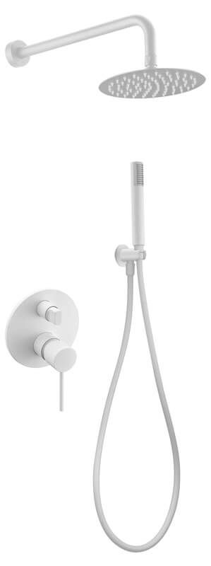 Accesorios de ducha de color blanco: ducha de lluvia superior, cabezal de ducha de mano y panel de control.