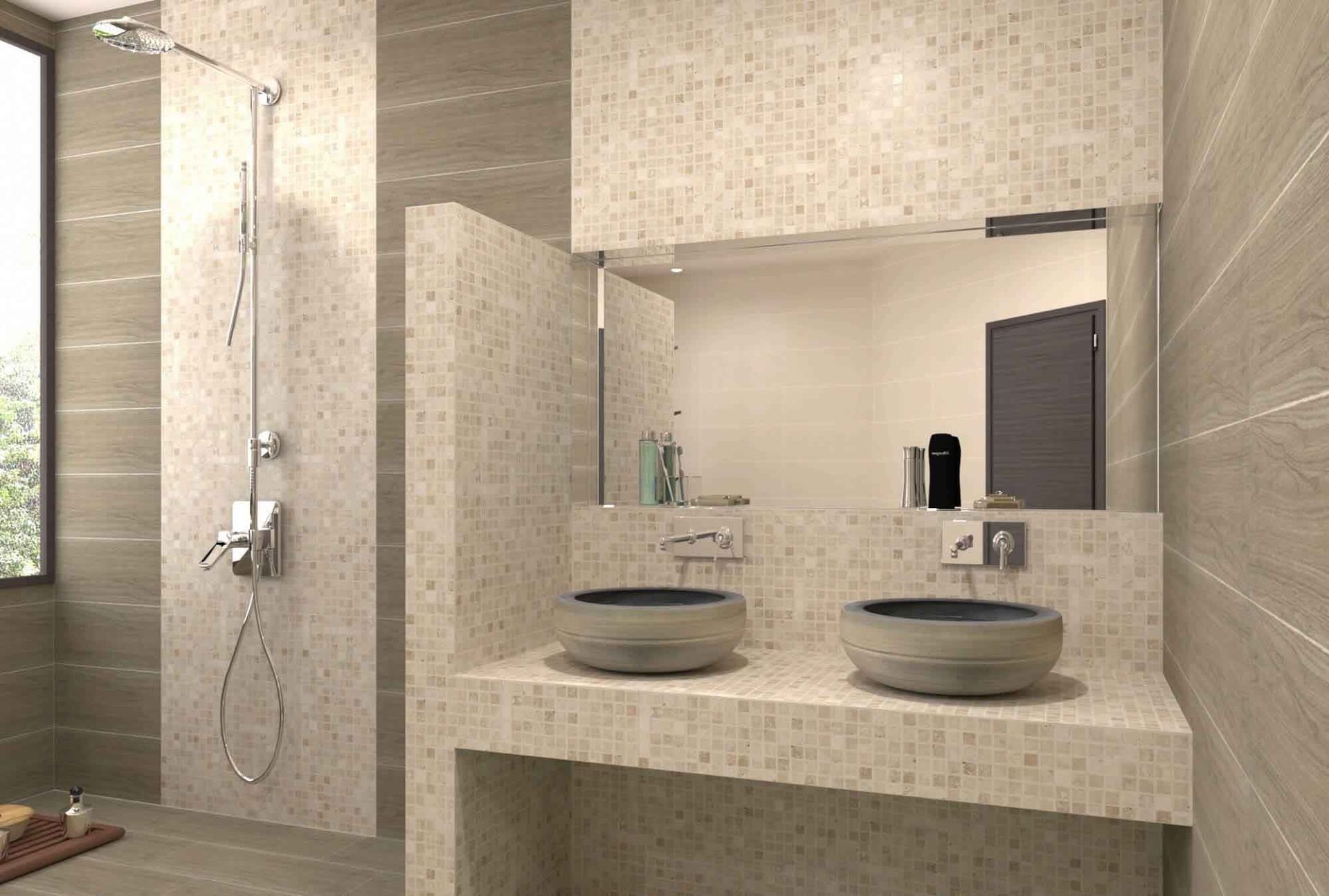 Baño moderno con lavabo doble, ducha y espejo grande; revestido en piedra clara y oscura.