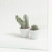 Plantas de cactus en macetas blancas detrás de un panel de vidrio transparente con crestas verticales.
