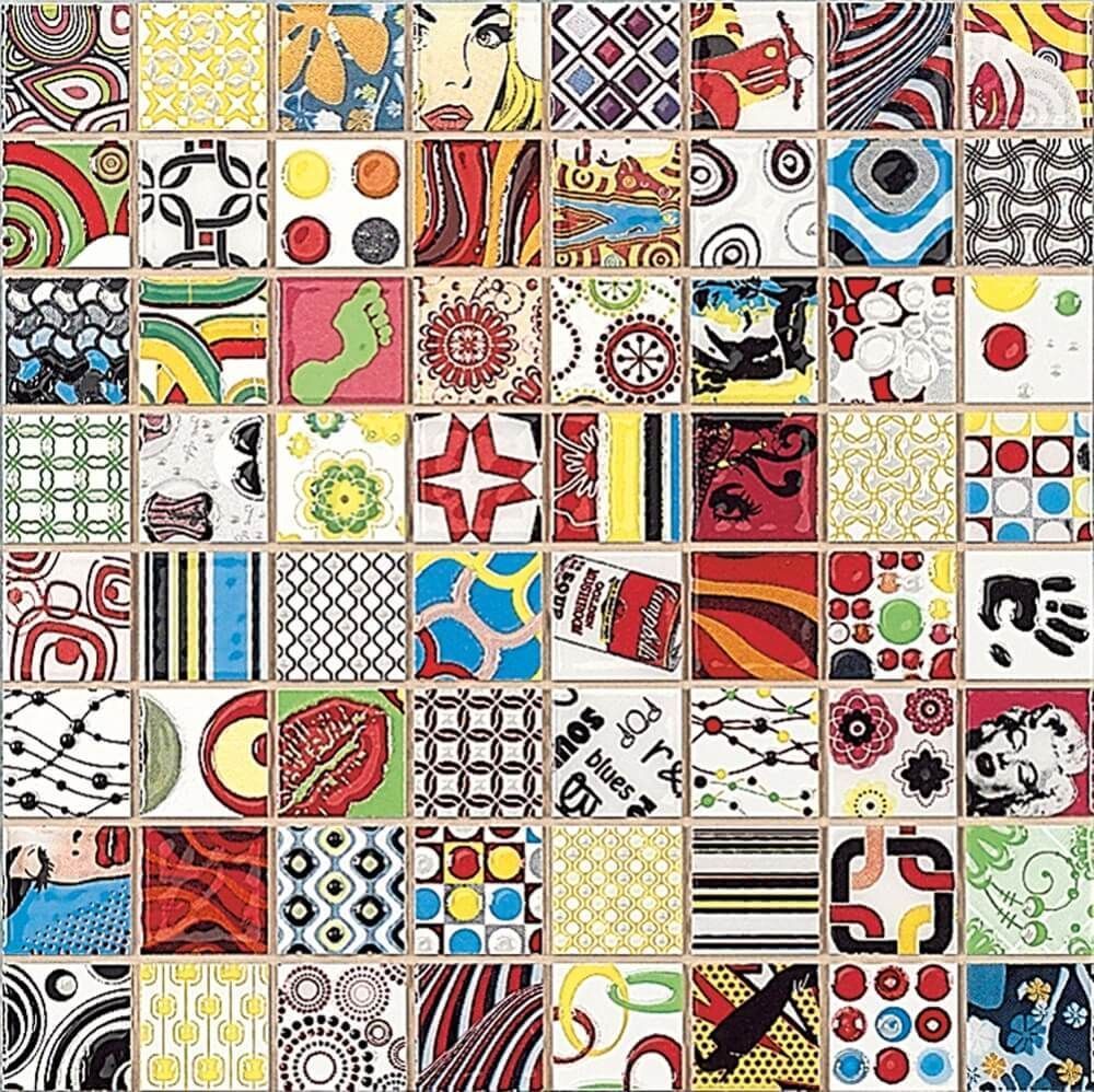 Variedad de baldosas cerámicas cuadradas con diseños y patrones abstractos coloridos.