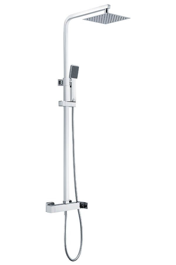 Grifería de ducha cromada con cabezal cuadrado y ducha de mano.