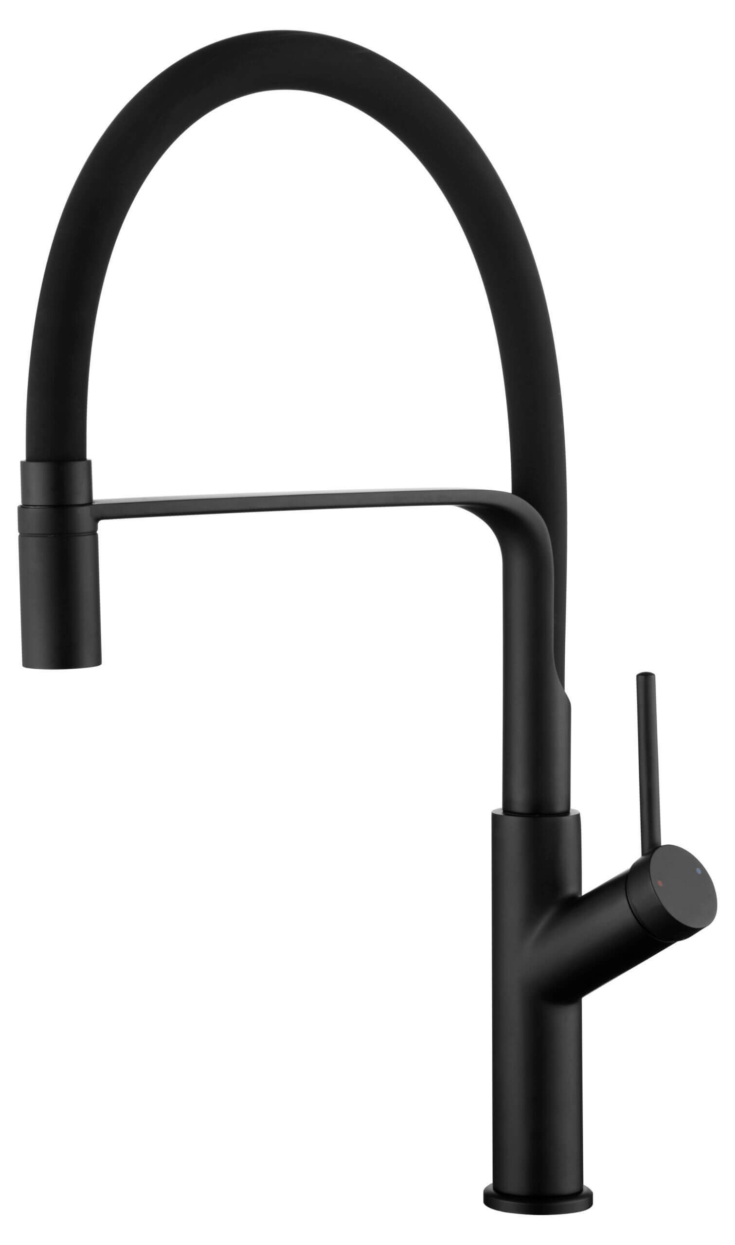 Grifo de cocina negro con caño flexible curvo.