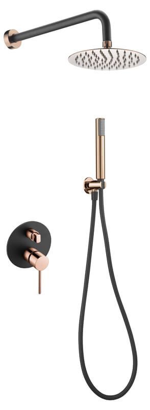 Accesorio de ducha negro con detalles en oro rosa.