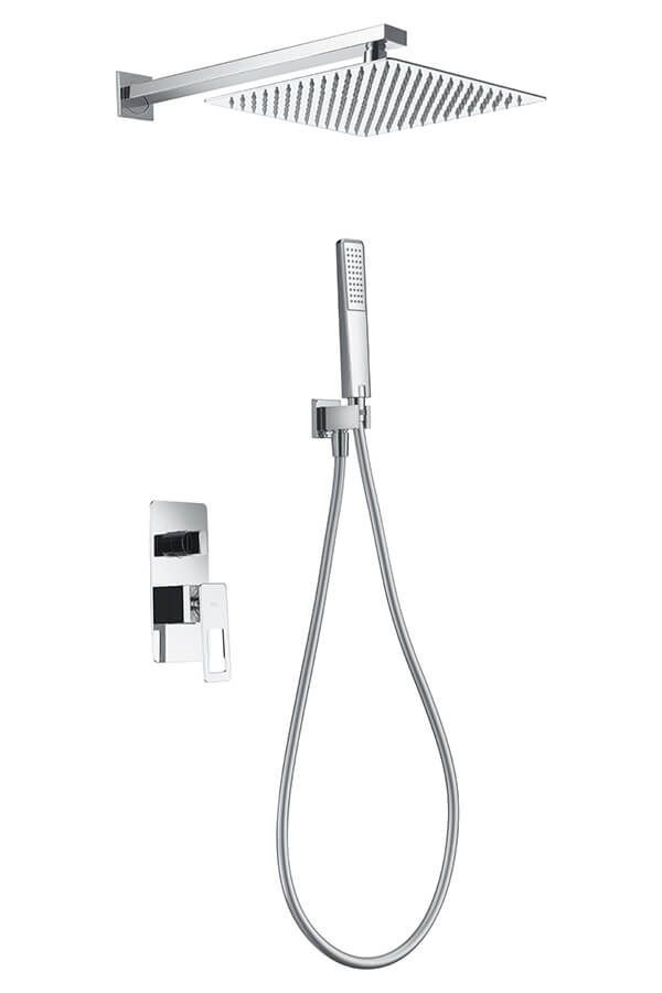 Sistema de ducha cromado con cabezal de lluvia cuadrado, ducha de mano y panel de control.