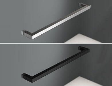 Dos toalleros cuadrados: uno plateado y otro negro, montados sobre una superficie gris.