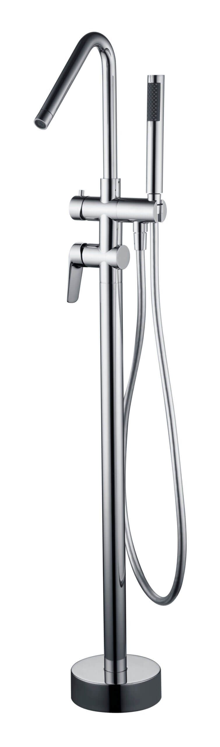 Grifo de bañera cromado para montaje en suelo con ducha de mano.