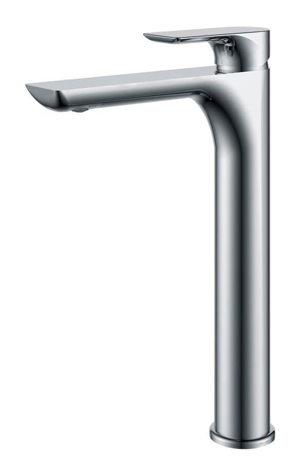 Grifo de baño alto, cromado, con caño largo.