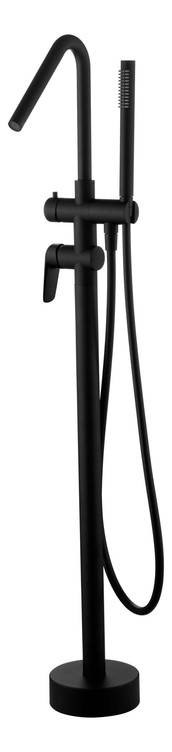 Grifo de bañera independiente de color negro con ducha de mano.