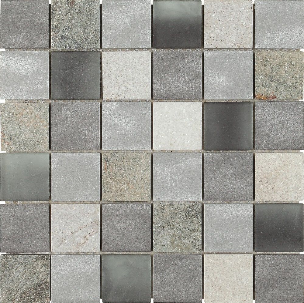 Mosaico con piezas cuadradas en varios tonos de gris y beige.