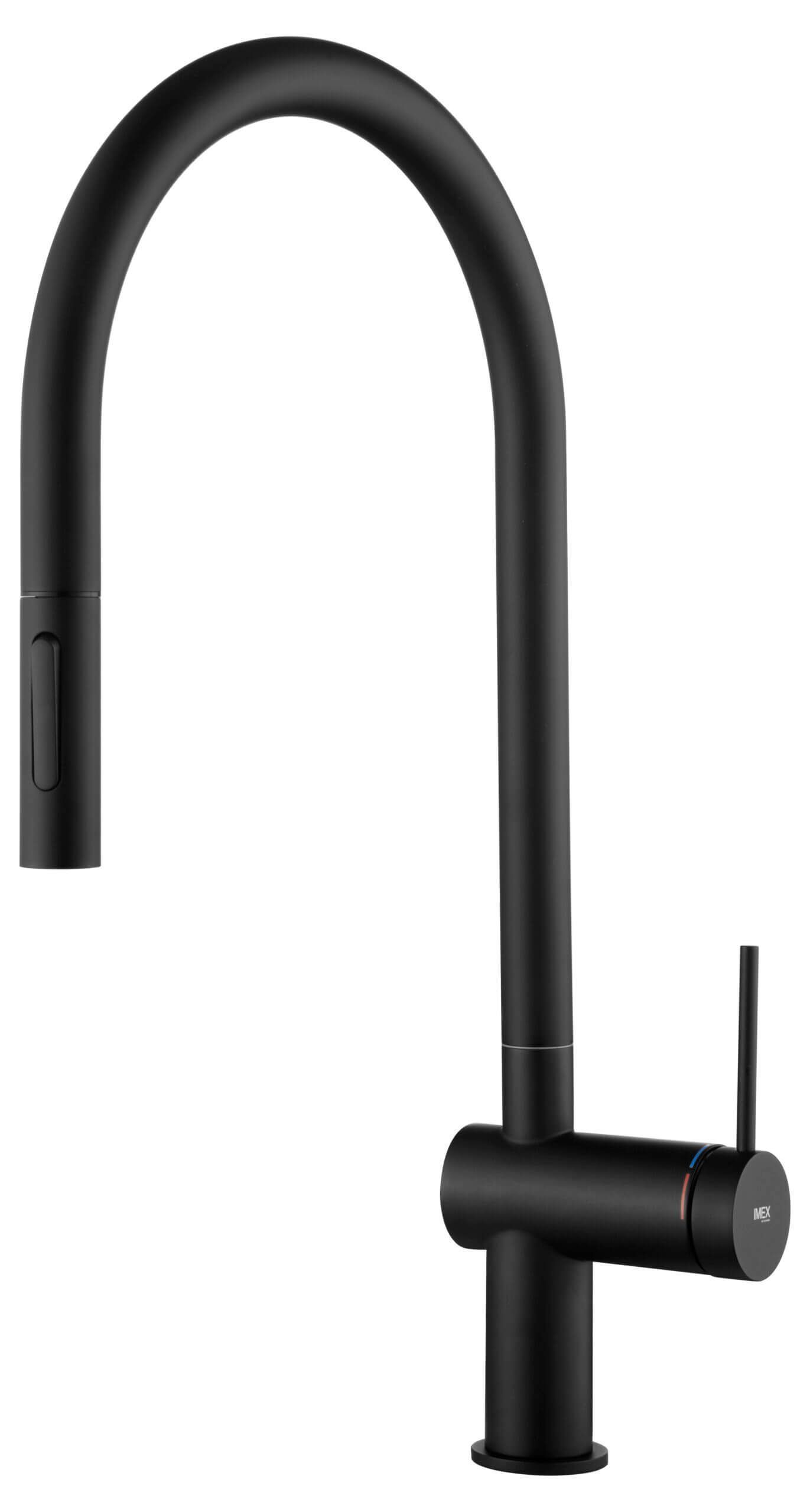 Grifo de cocina negro con caño curvo y manija monomando.