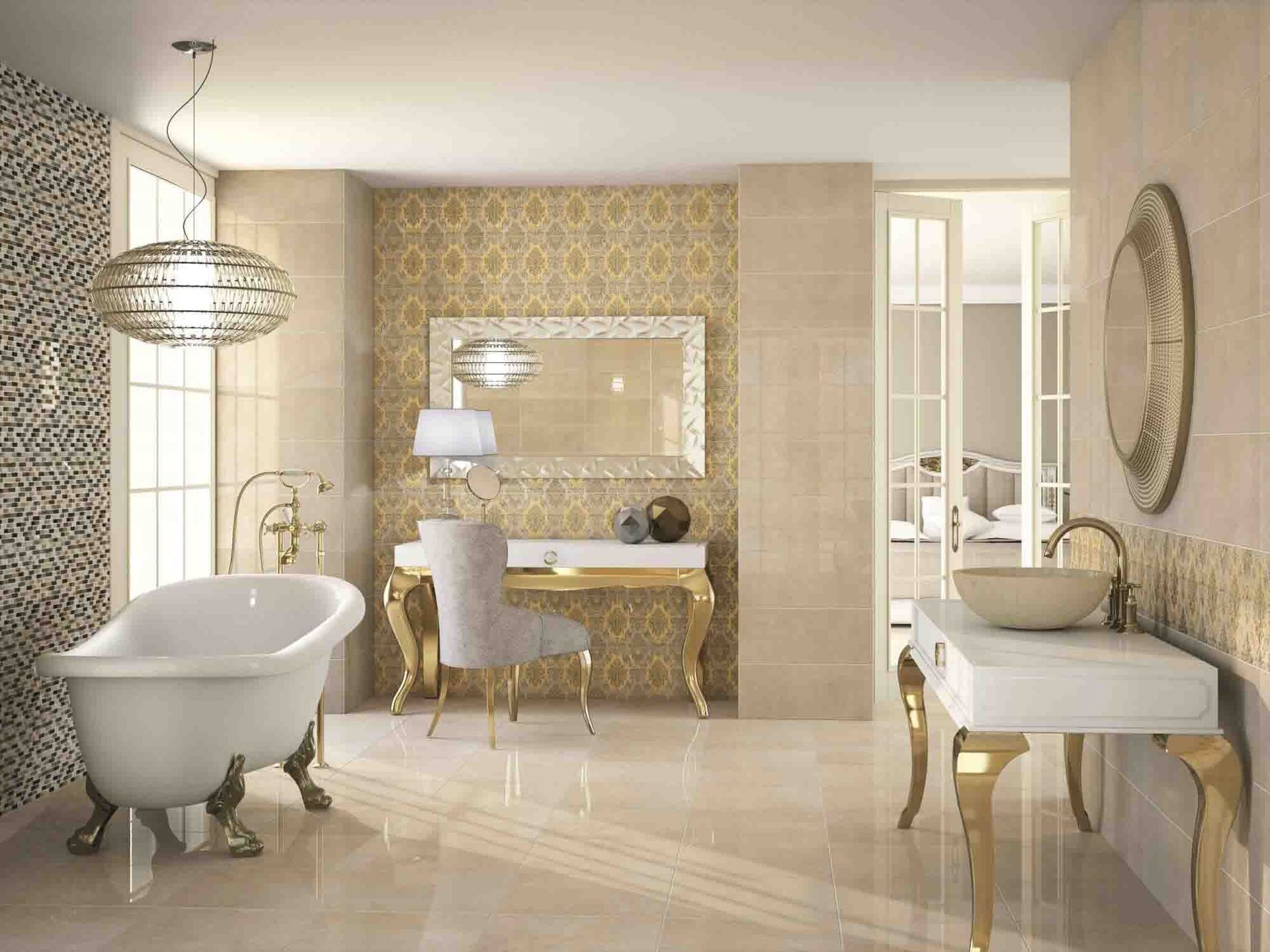 Elegante baño beige con detalles dorados. Incluye bañera, tocador y escritorio.