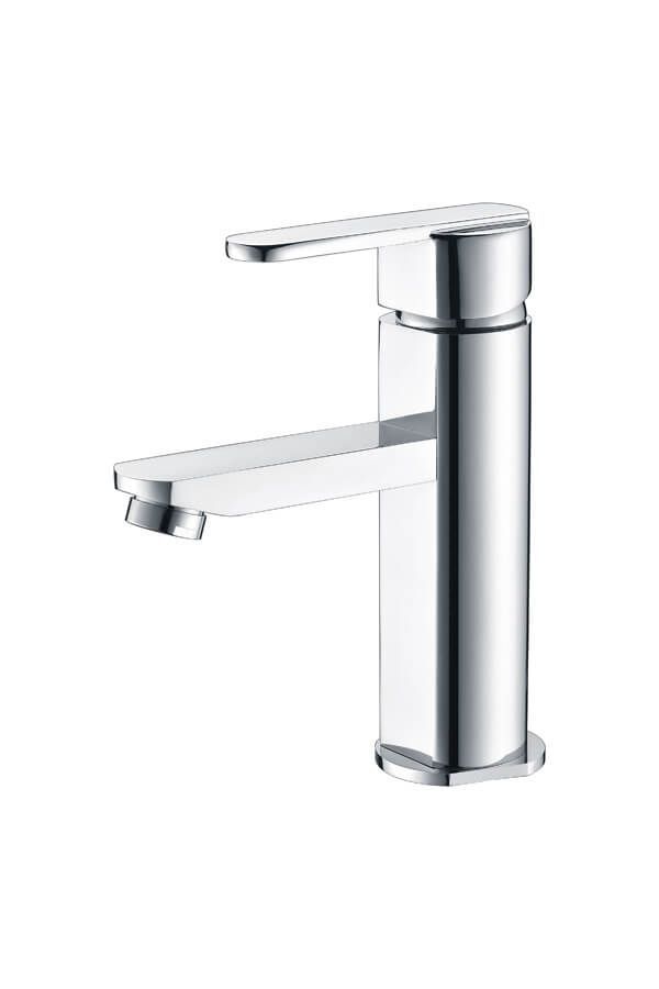 Grifo monomando para baño con acabado cromado. El grifo tiene un diseño elegante y moderno con base cilíndrica y caño plano.