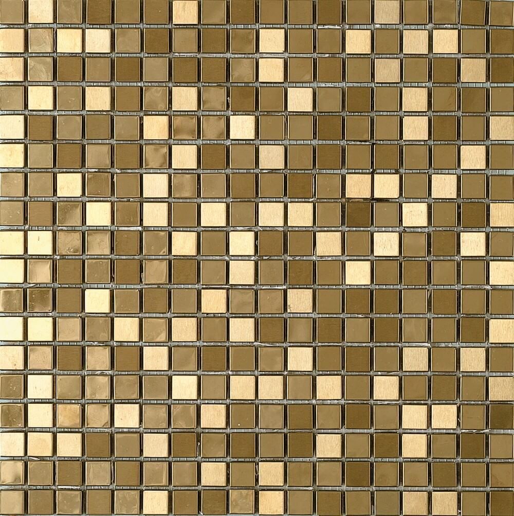 Azulejo de mosaico dorado, pequeños mosaicos cuadrados dispuestos en un patrón de cuadrícula.