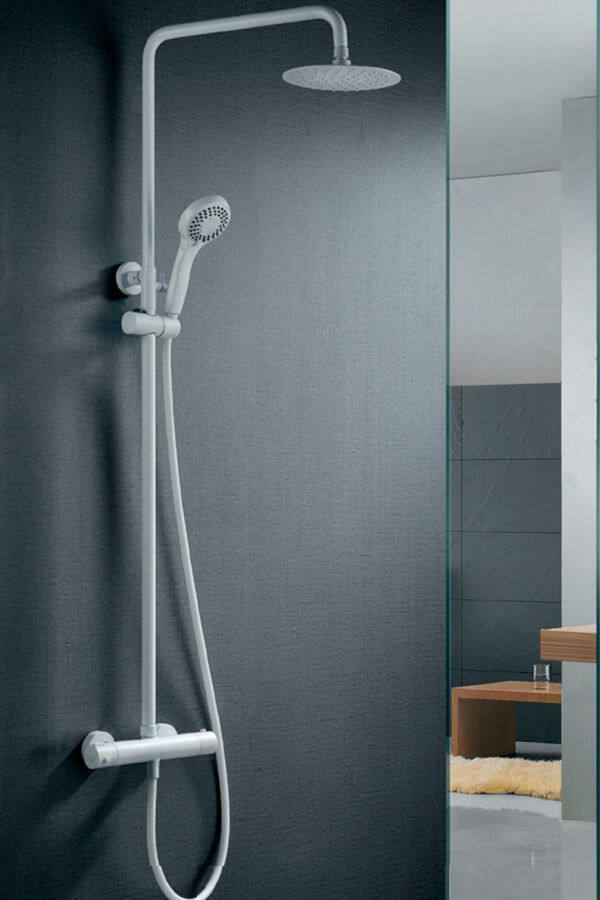 Sistema de ducha blanco con cabezal de ducha tipo lluvia y ducha de mano contra una pared gris oscuro.