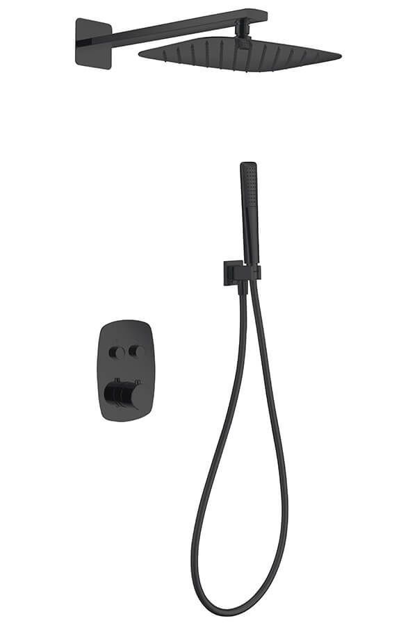 Accesorio de ducha moderno negro con cabezal de ducha de lluvia, ducha de mano y panel de control.