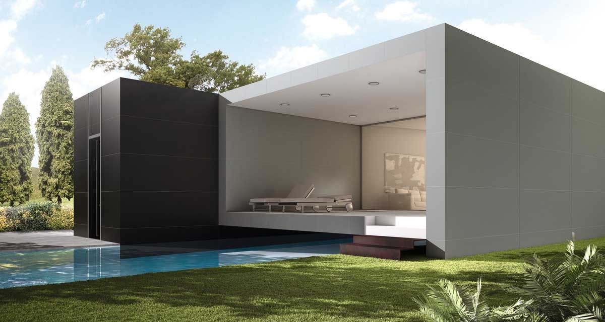 Casa moderna con exterior negro y gris, abierta a un patio sobre una piscina.