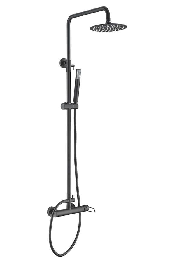 Sistema de ducha negro con cabezal de ducha tipo lluvia y ducha de mano.