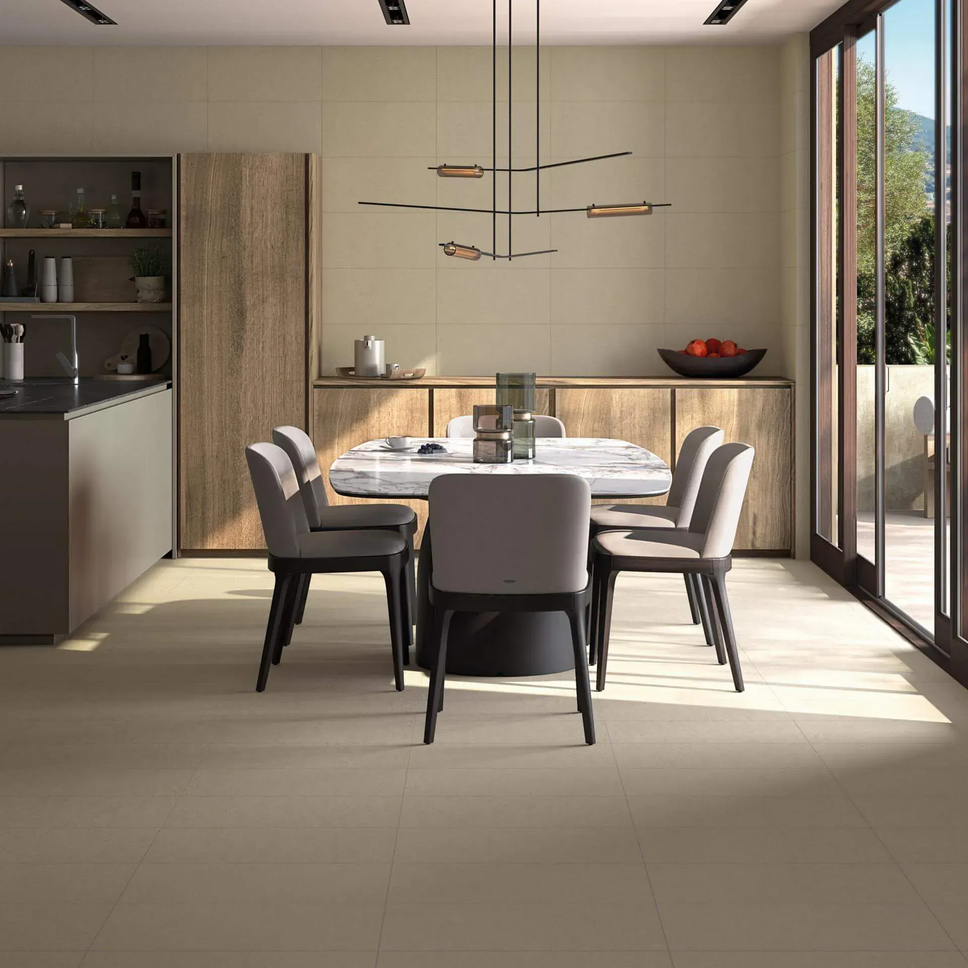 Comedor con mesa, sillas, armarios y ventanal con vistas.