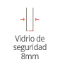 Diagrama de una sección de vidrio de seguridad de 8 mm con flechas que indican su espesor.