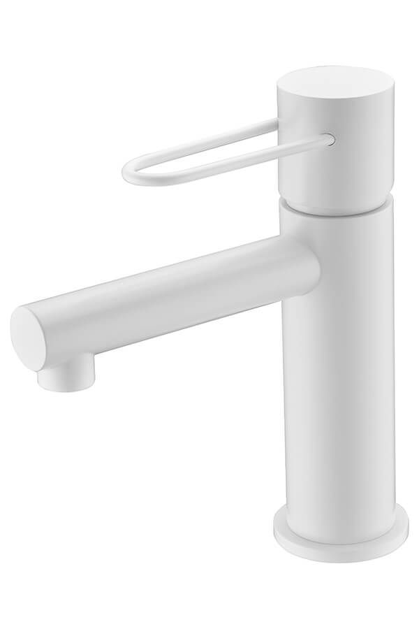 Grifo blanco con base cilíndrica y maneta curva.