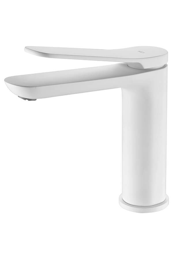 Grifo de baño blanco, monomando y caño recto.