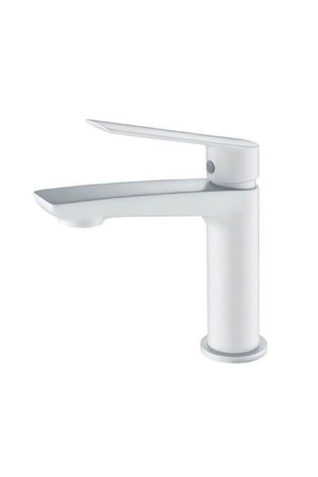 Grifo blanco con caño plano y manija de palanca.