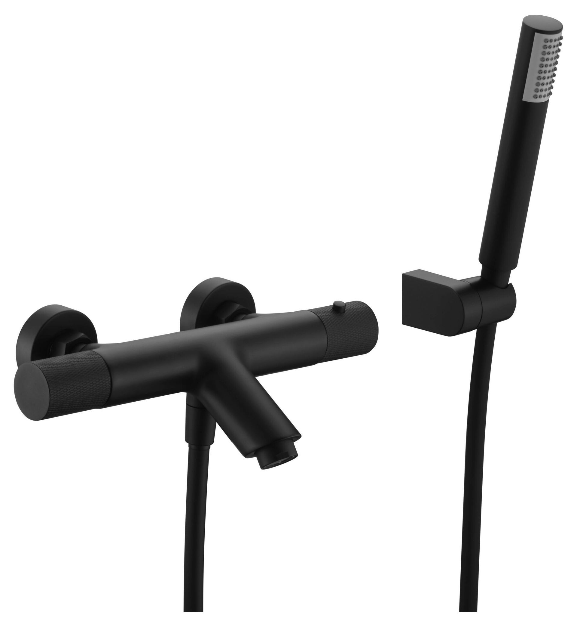 Grifo de ducha de pared negro con cabezal de ducha de mano; diseño moderno.