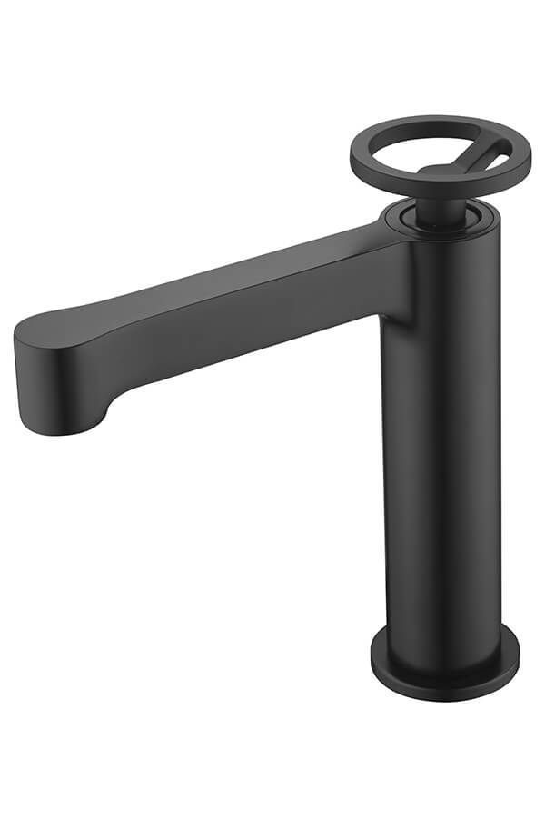 Grifo negro mate con maneta redonda y base cilíndrica.