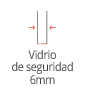 Diagrama de un panel de vidrio de seguridad de 6 mm, con flechas que indican el espesor. Texto en español: 
