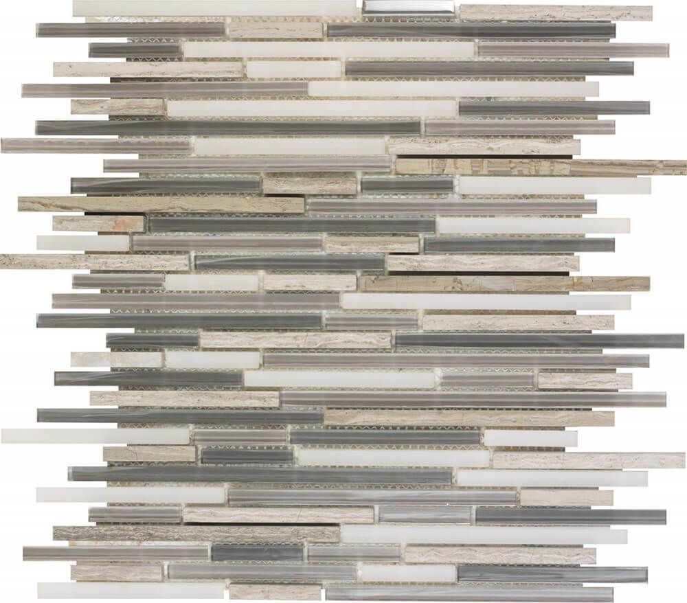 Mosaico con piezas horizontales y rectangulares en tonos gris, blanco y tostado.