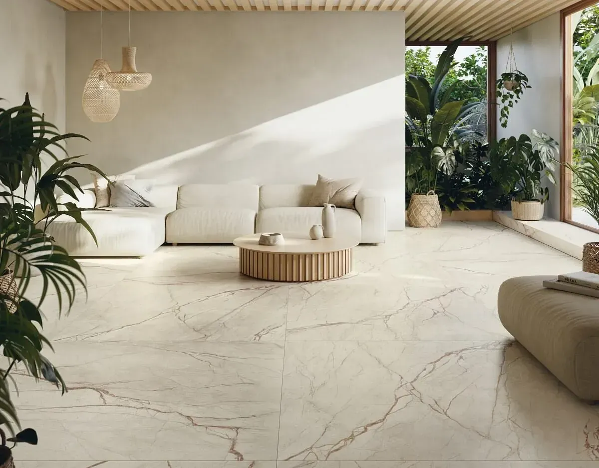 Amplia sala de estar con pisos de mármol, muebles de tonos neutros y plantas exuberantes; la luz natural inunda la habitación.