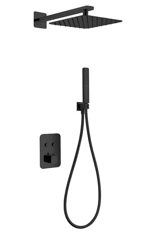 Cabezal de ducha negro, ducha de mano y panel de control sobre un fondo blanco.