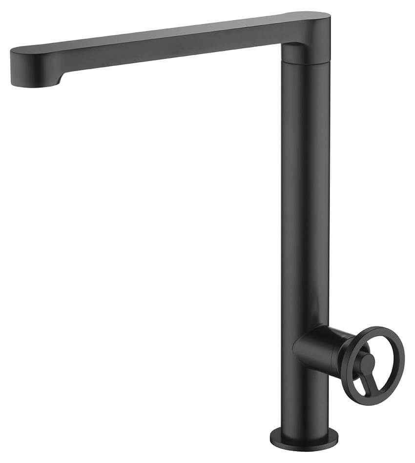 Grifo negro moderno con diseño alto y vertical y manija redonda.