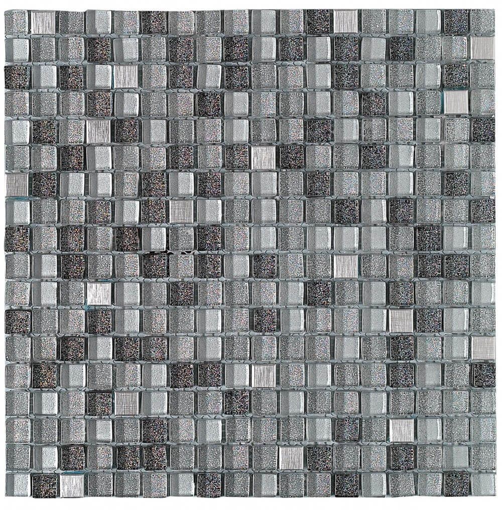 Patrón de mosaico en tonos de gris y negro, con pequeños azulejos cuadrados.
