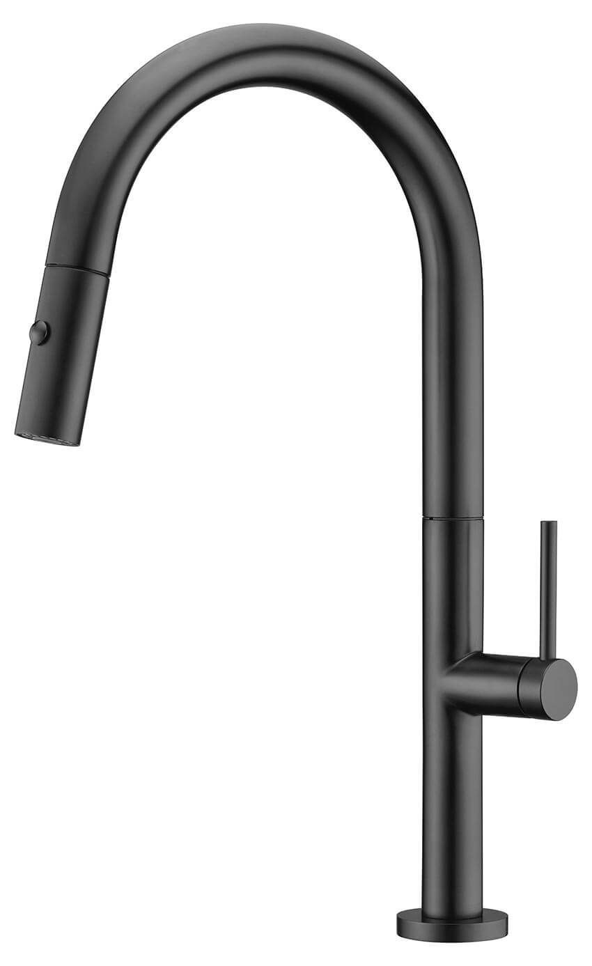 Grifo de cocina negro mate con rociador extraíble y manija de palanca.