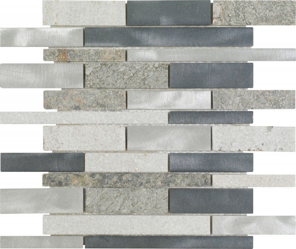 Mosaico con piezas rectangulares de color gris, plata y gris oscuro dispuestas en un patrón aleatorio.