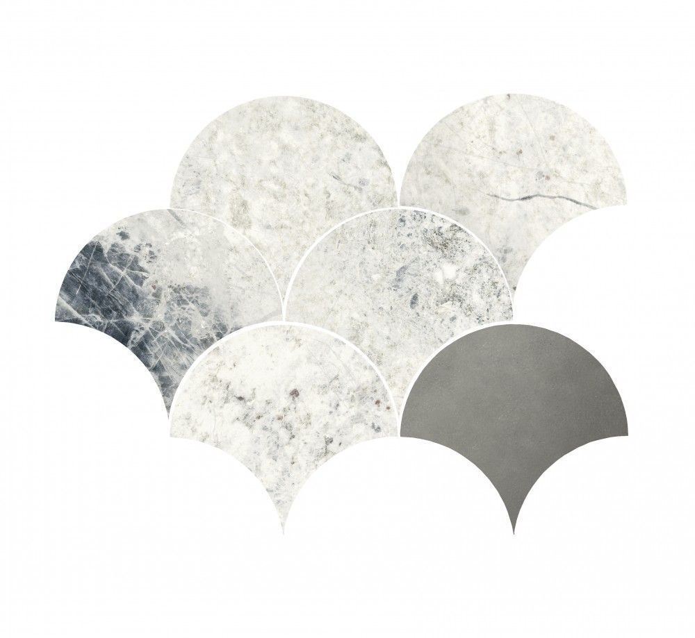 Mosaico decorativo con piezas superpuestas en forma de abanico. Mayormente gris claro, con moteado de patrones más oscuros. Una pieza es gris oscuro liso.