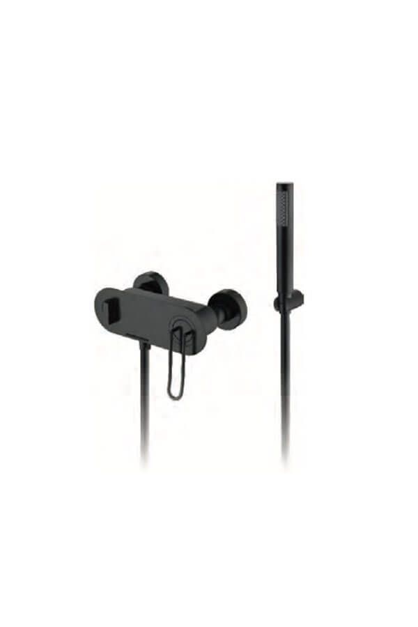 Grifo mezclador de ducha negro con controles de temperatura y flujo y barra de ducha vertical.